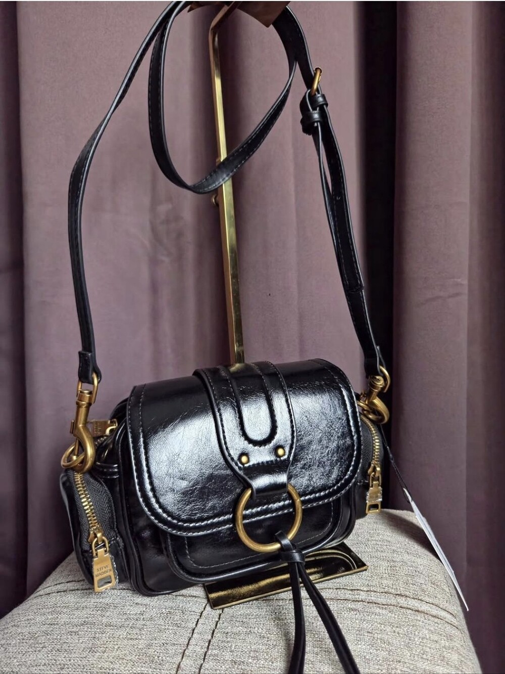 Steve Madden Black Leather Crossbody with Gold Ring Hardware